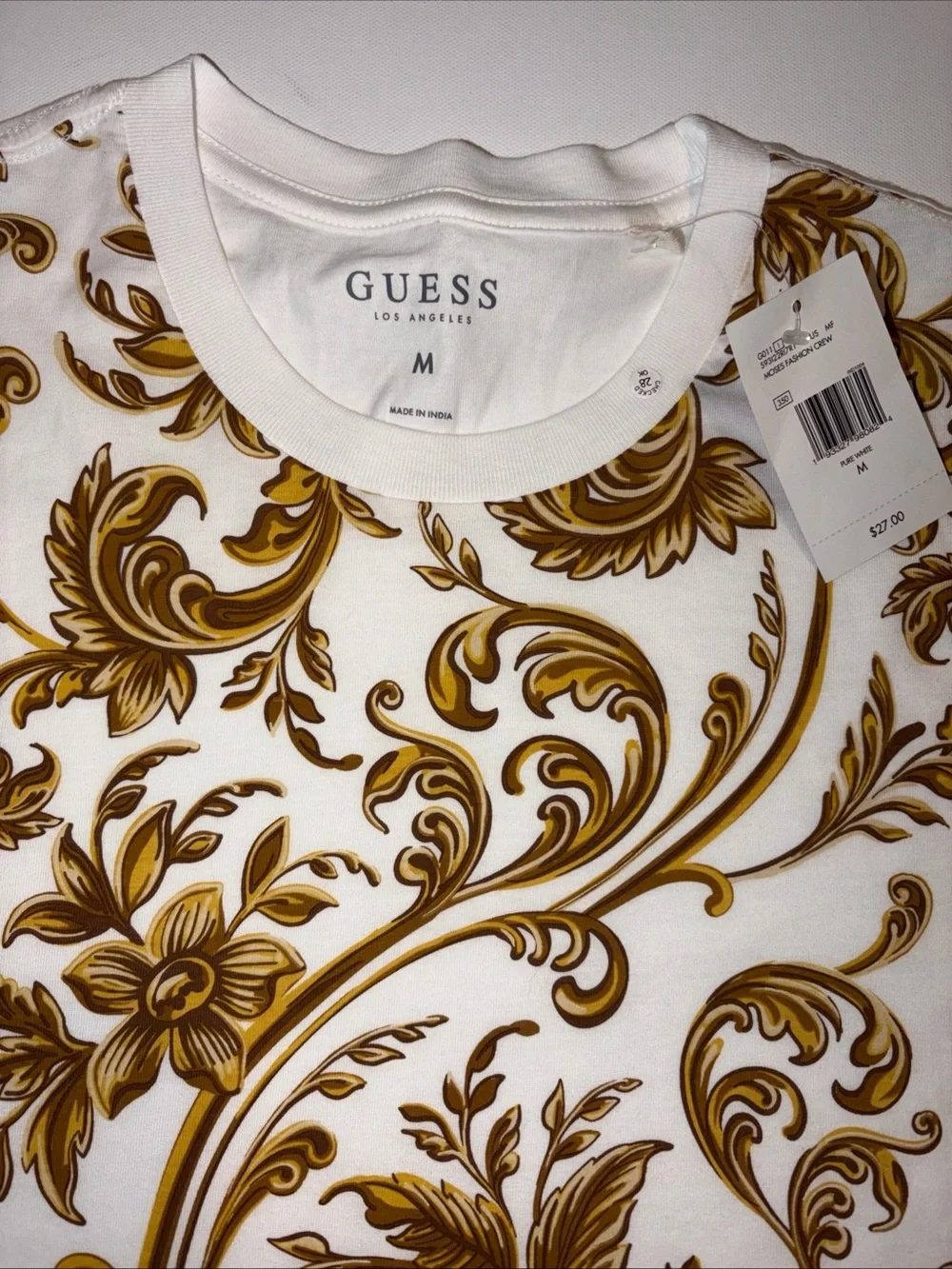 GUESS White T-Shirt with Gold Baroque Print and Red-Black Hem Stripe M - Picture 2 of 6
